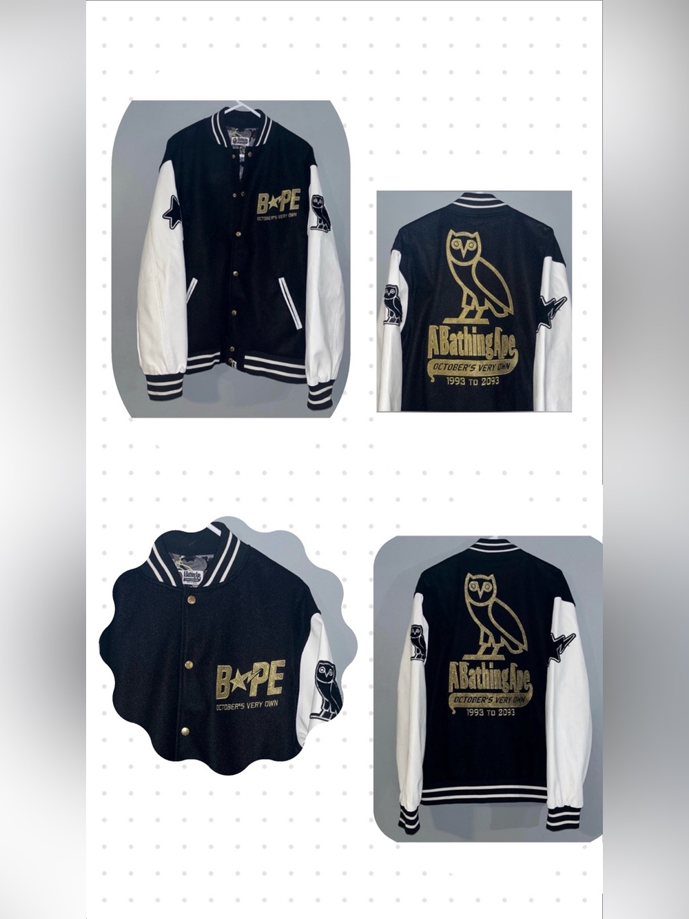 Bape x OVO Varsity Bomber Jacket Black White | A Bathing Ape x Octobers Very Own